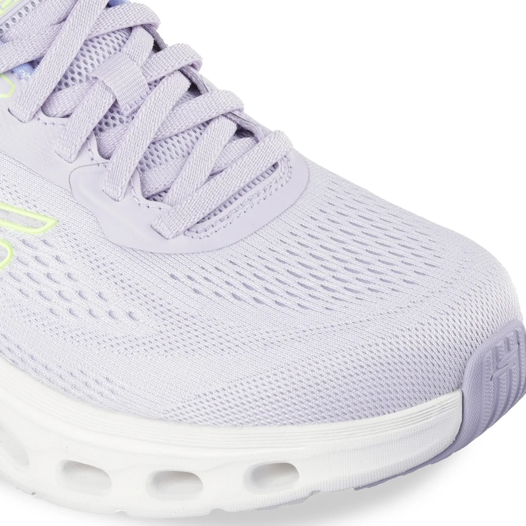 Tênis feminino lilás Skechers Glide Step 2.0 mostrando detalhes da palmilha e entressola